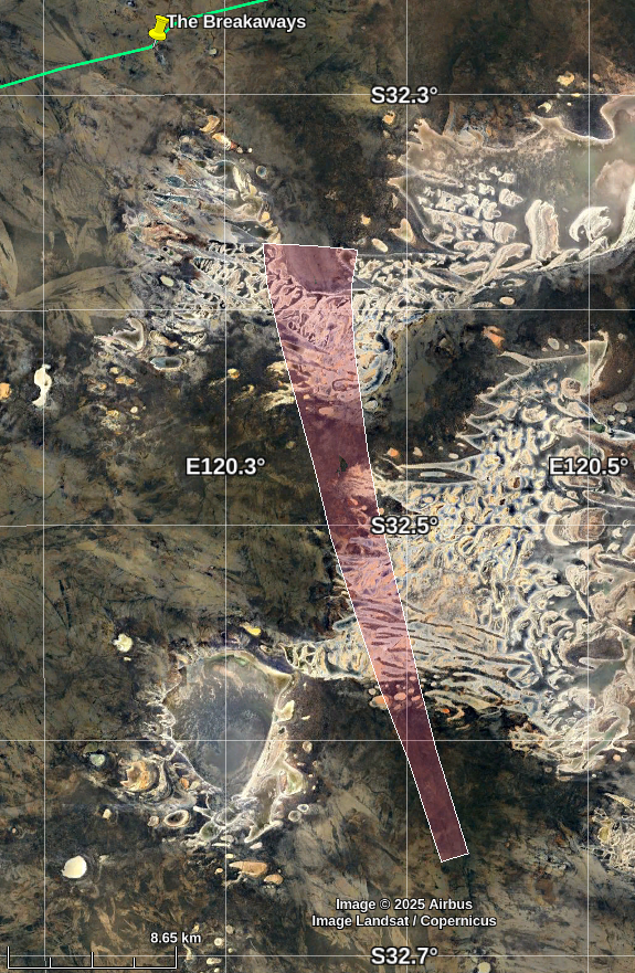 Accounting for the rough uncertainty on the trajectory, the unknown fragmentation behaviour, we get a massive 50km² area in what we know is thick bush but overlapping with some salt lakes.